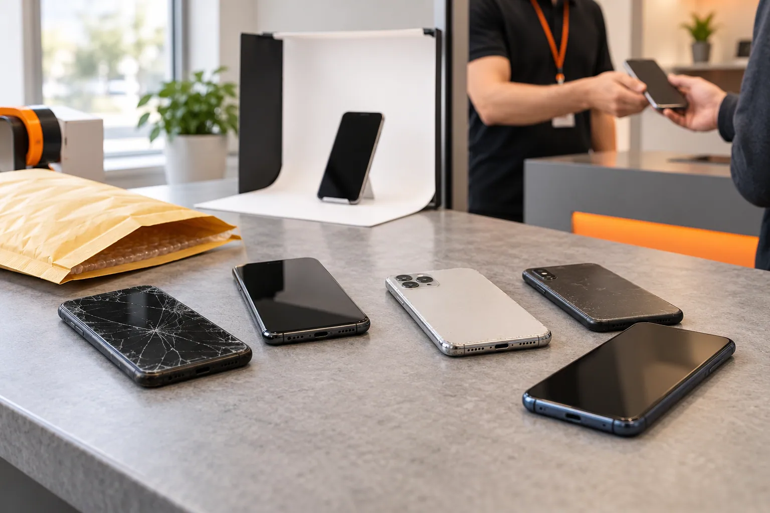 Used phones in varied conditions arranged to compare selling options.