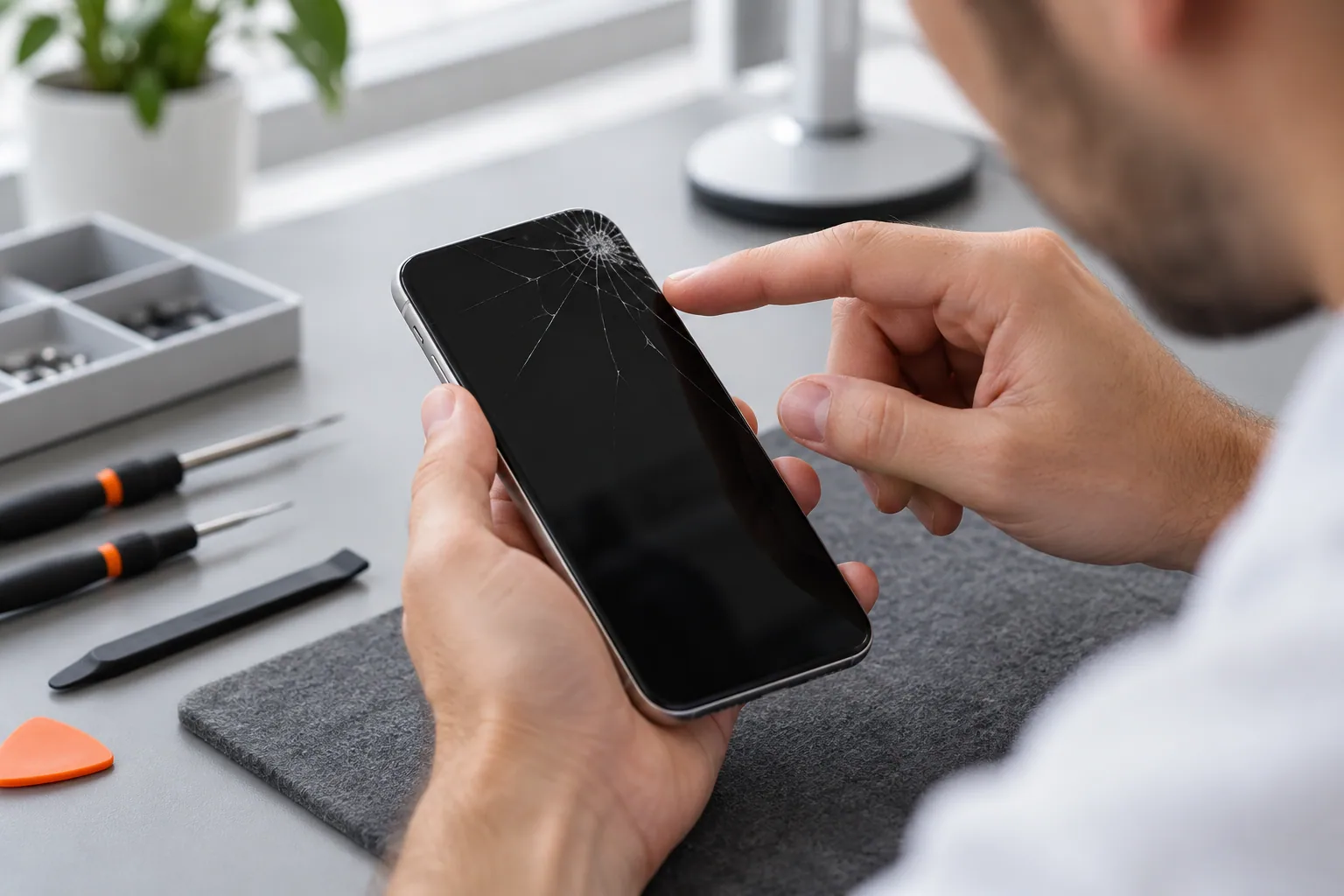 Technician inspecting a cracked phone screen before a repair estimate.