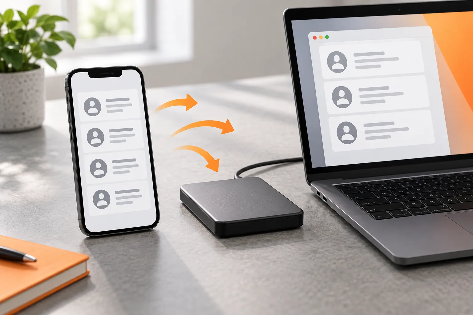 Phone, laptop and backup drive arranged for exporting contacts.