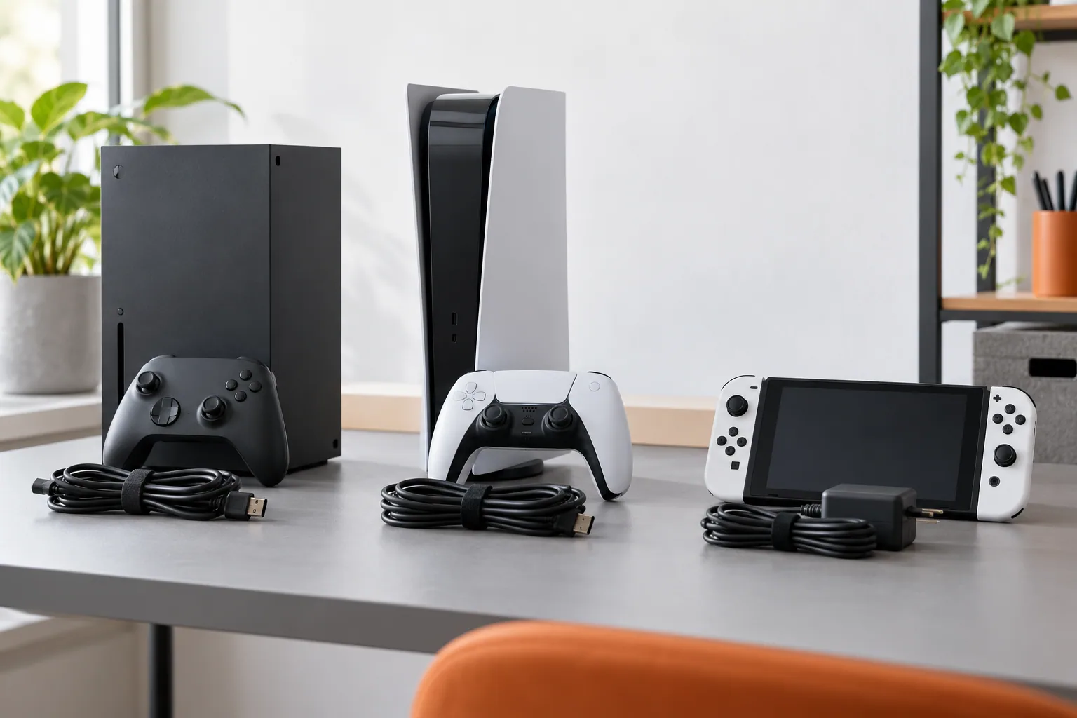 Different game consoles and controllers prepared for trade-in.