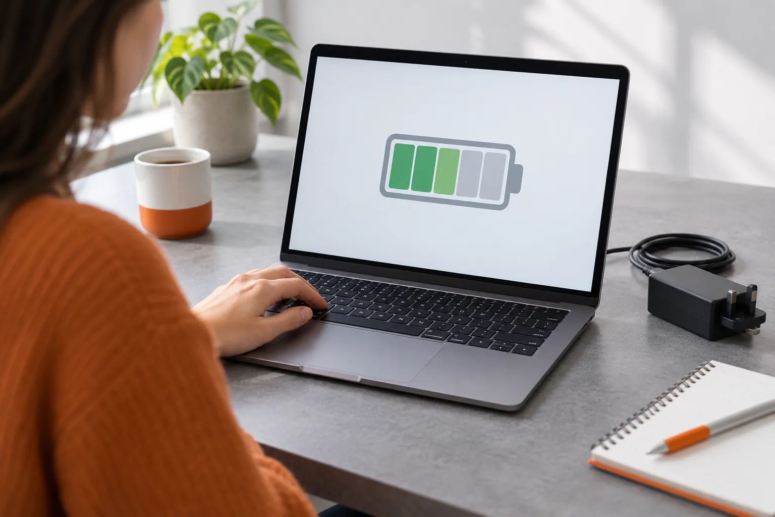 Person checking an unbranded laptop battery with charger nearby.
