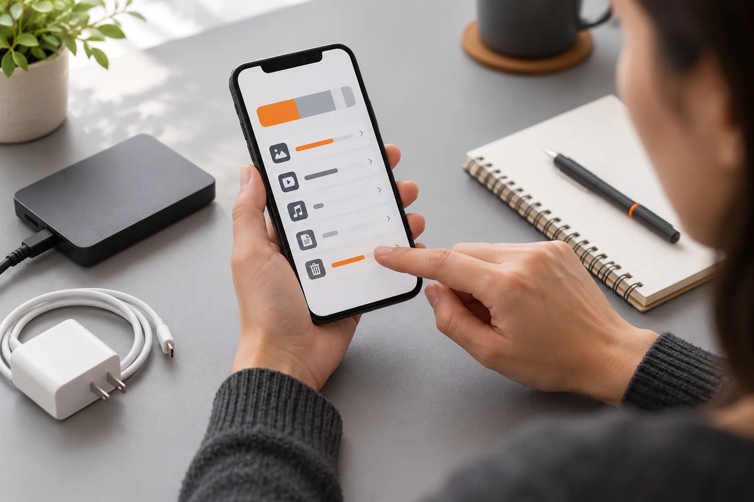 Person reviewing phone storage before erasing data.