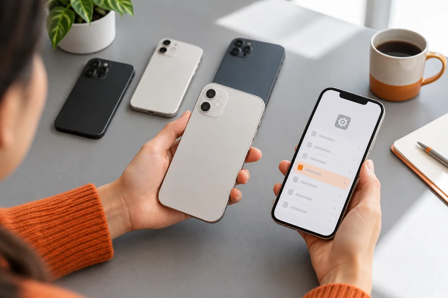 Person comparing phone size and settings to identify its model.