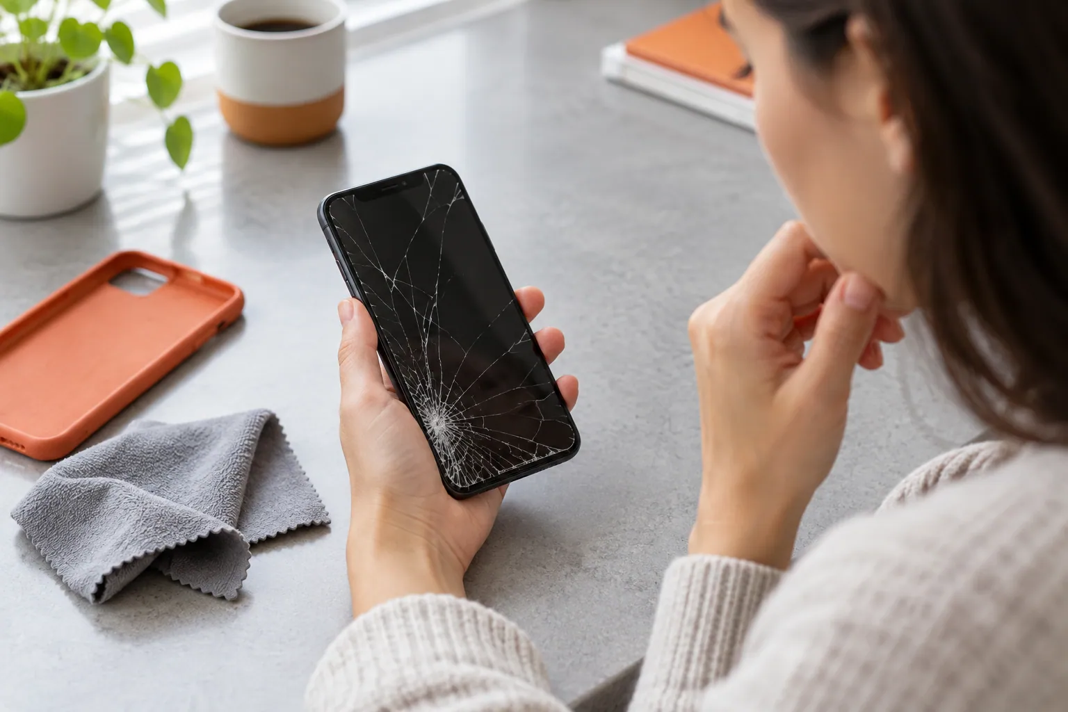Cracked phone screen being inspected before deciding on repair.