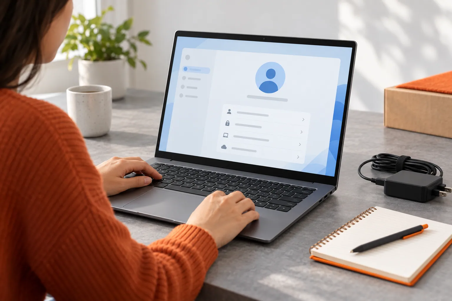 Person reviewing account settings on a laptop before sale.