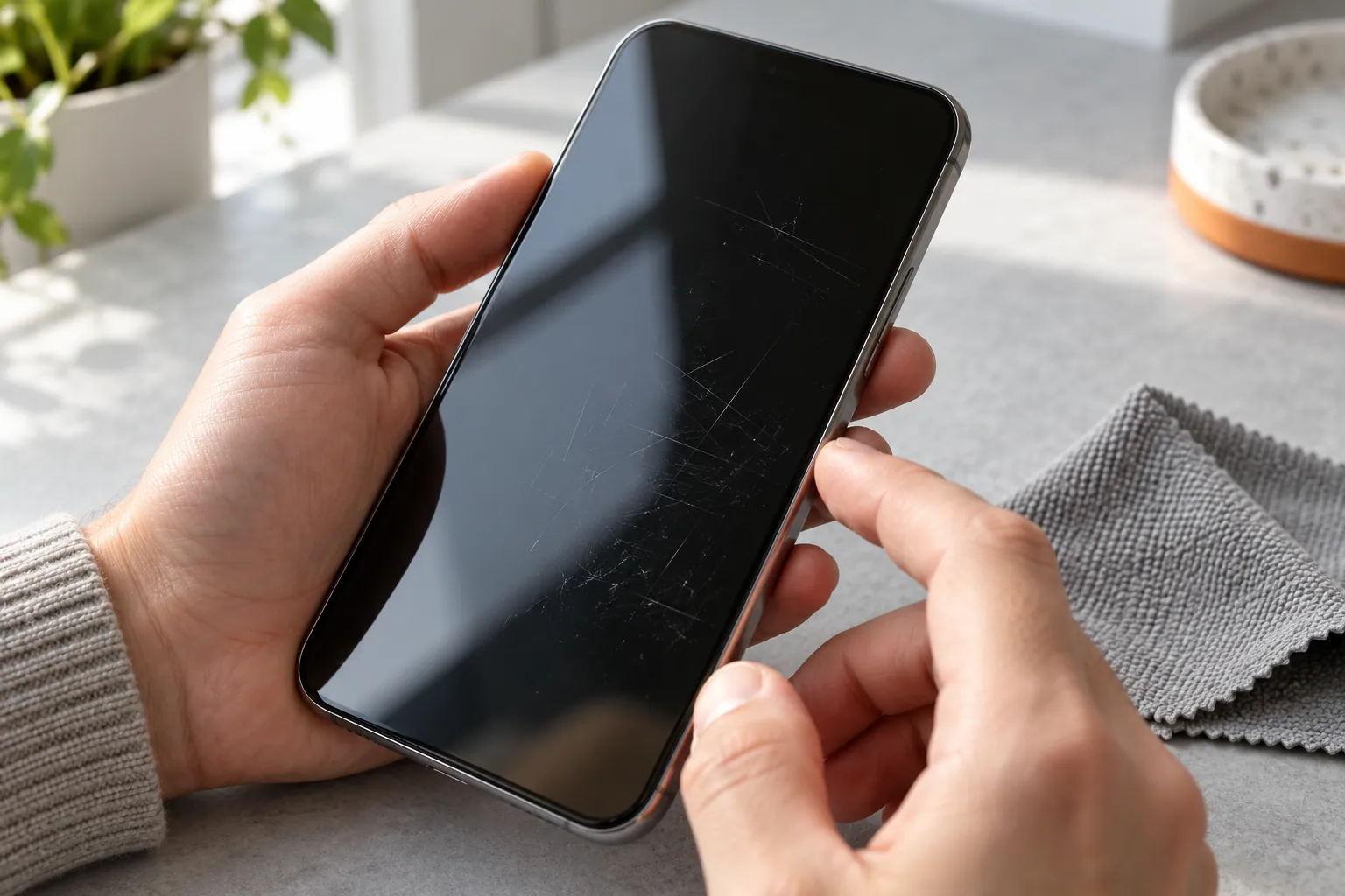 Fine scratches visible on a phone screen under angled light.