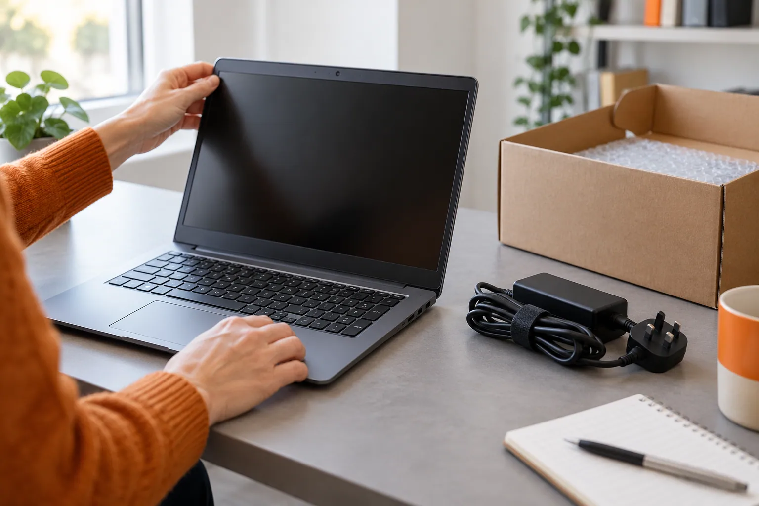 Older laptop with its charger and packing materials ready for sale.