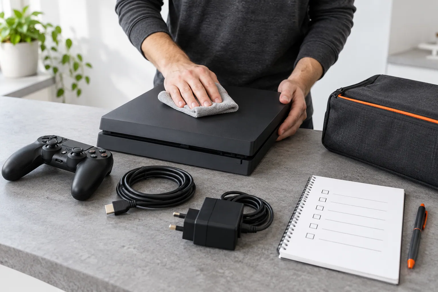 Game console and accessories being prepared for a trade-in visit.