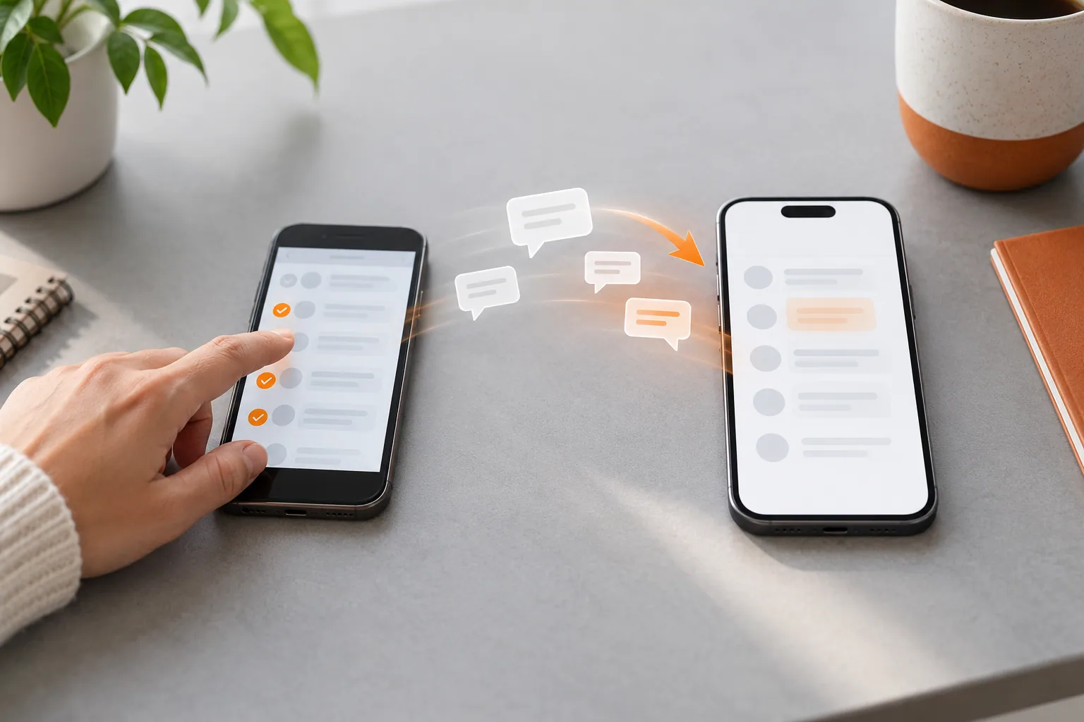 Two smartphones set up to transfer messages before the older phone is sold.