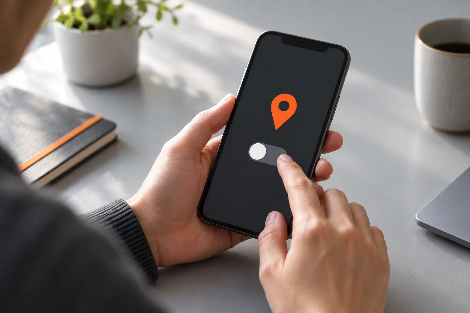 Person checking location settings on a smartphone before handover.