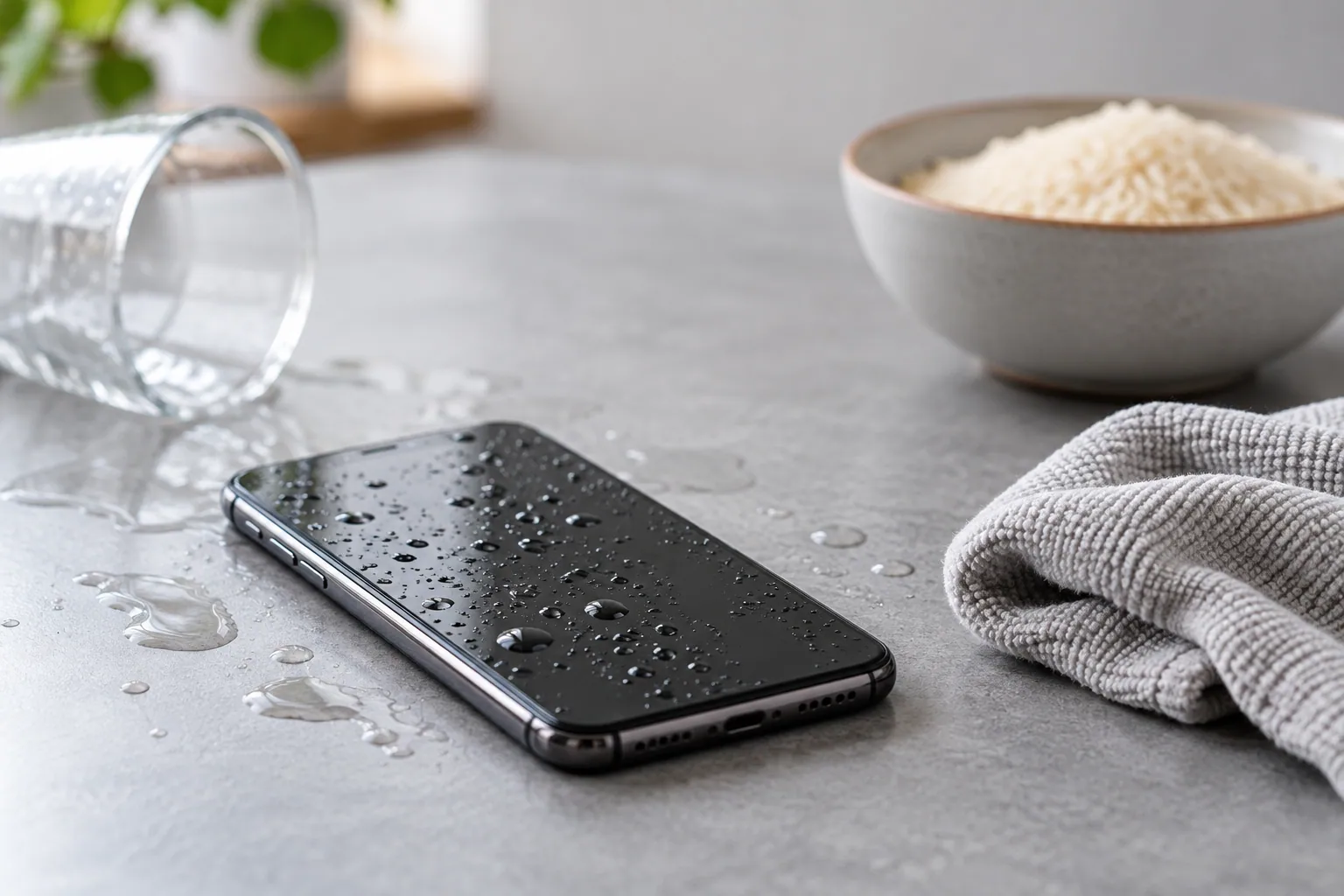 Wet phone kept separate from a bowl of rice after a spill.