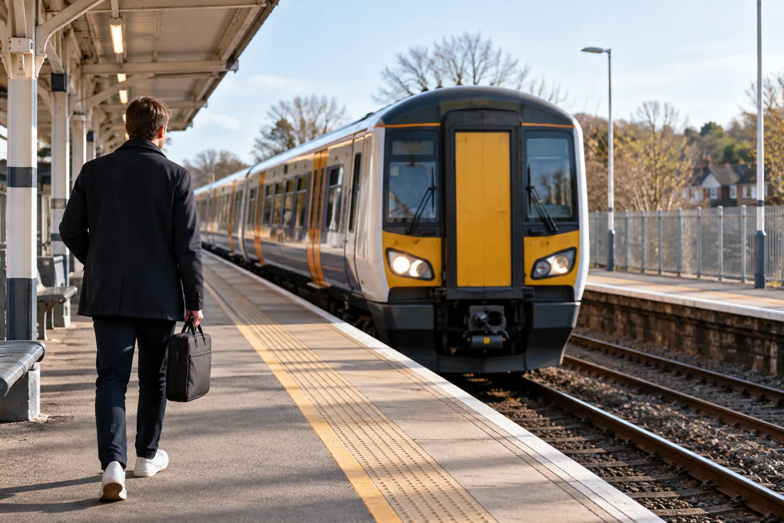 Traveller carrying a laptop bag near a Surrey train station.
