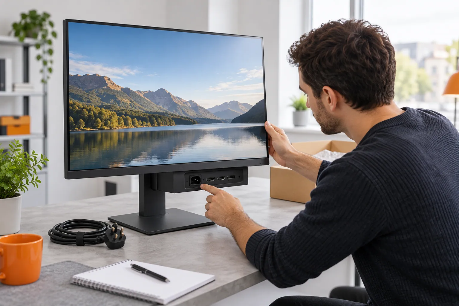Person inspecting a computer monitor and its cables before sale.