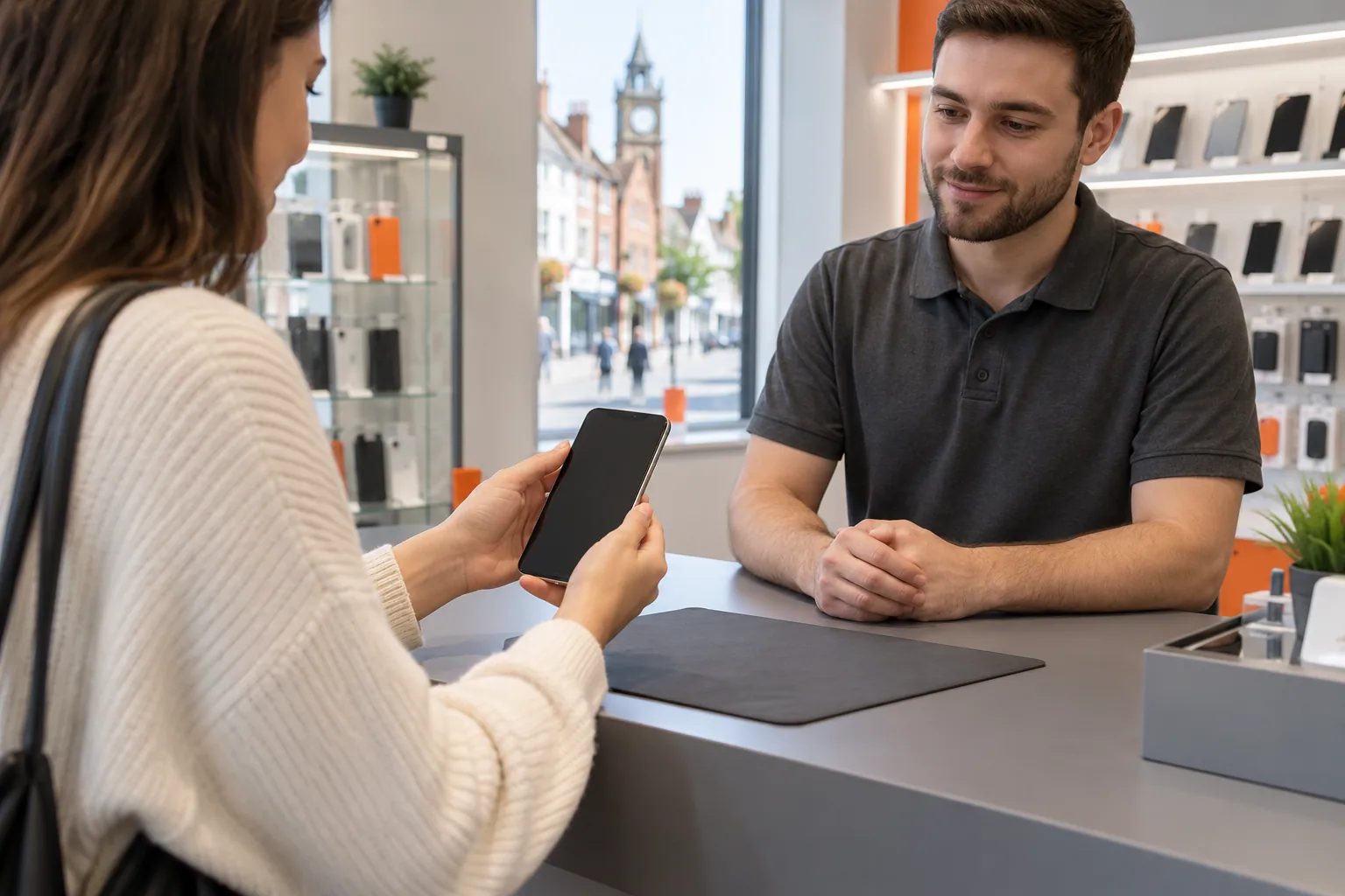 Customer presenting a smartphone for assessment at a shop counter.