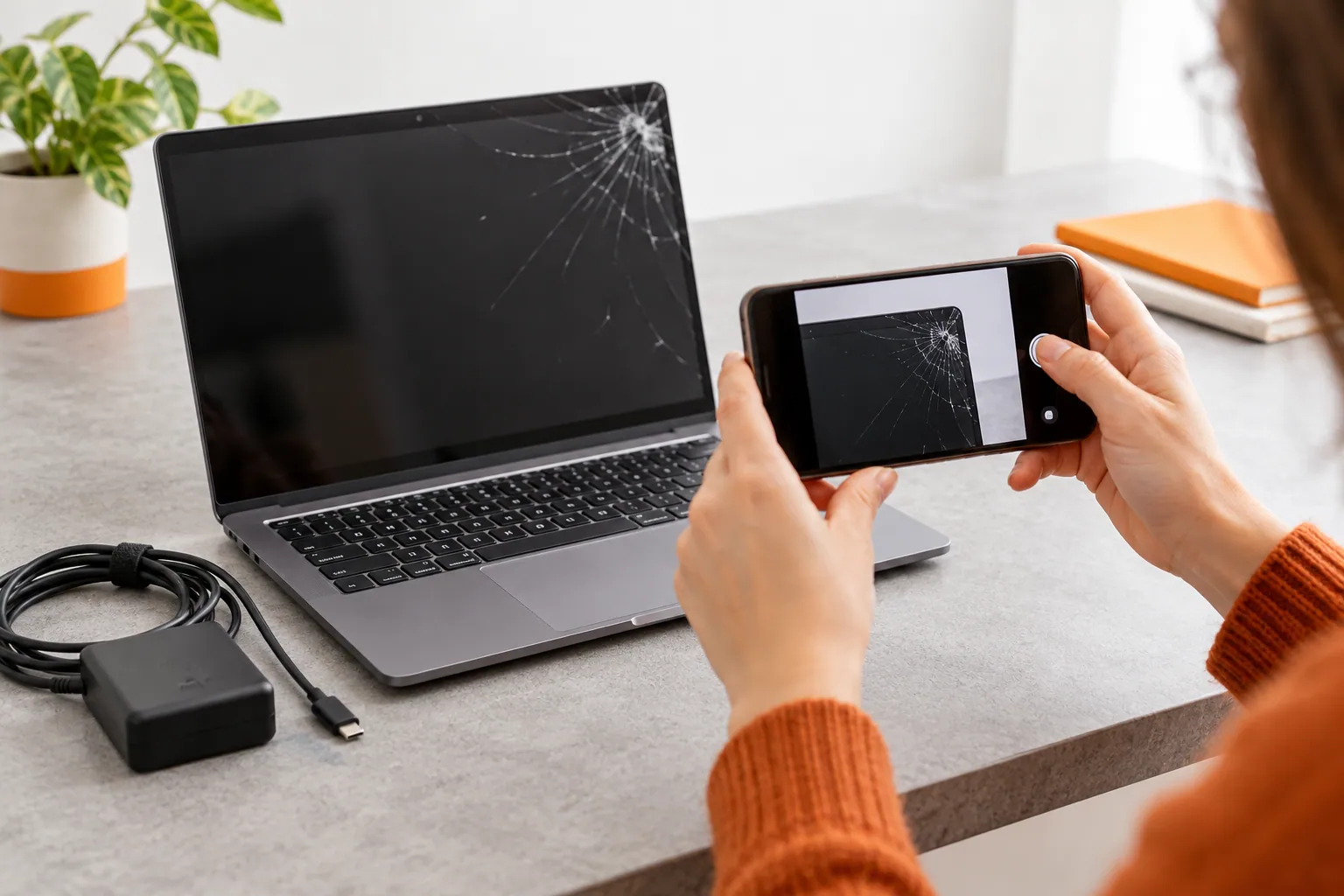 Person photographing a laptop's damaged screen before seeking an offer.