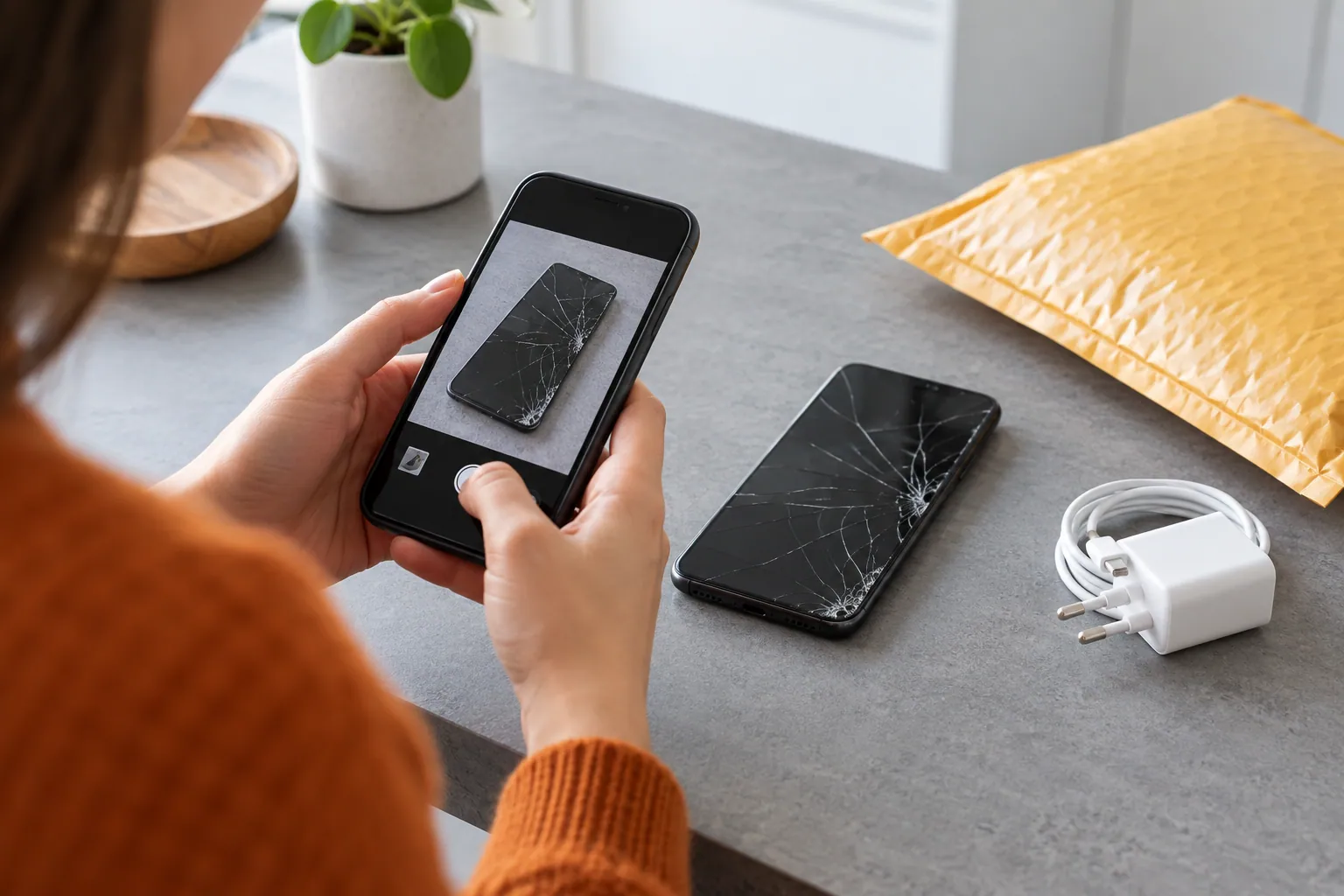 Cracked phone being photographed before choosing a selling route.