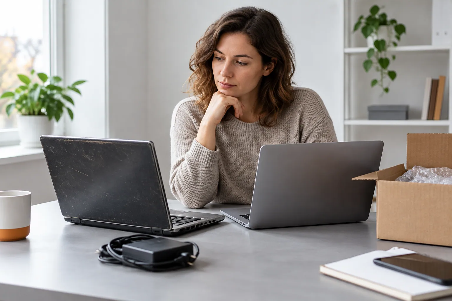 Older laptops and accessories laid out to compare selling routes.