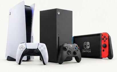 PlayStation, Xbox and Nintendo consoles with controllers