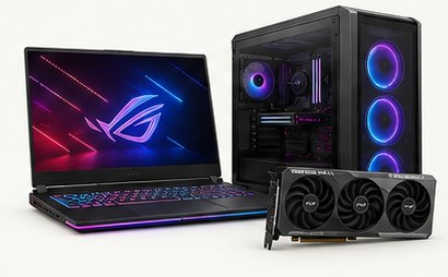 Gaming laptop, desktop PC and graphics card displayed together