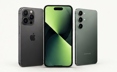 Three smartphones displayed together on a pale background