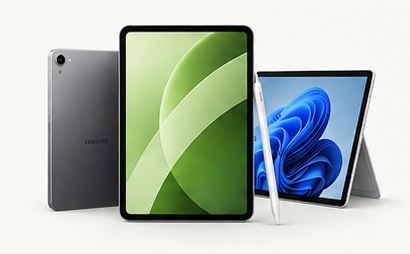 Three tablets displayed together, one with a stylus