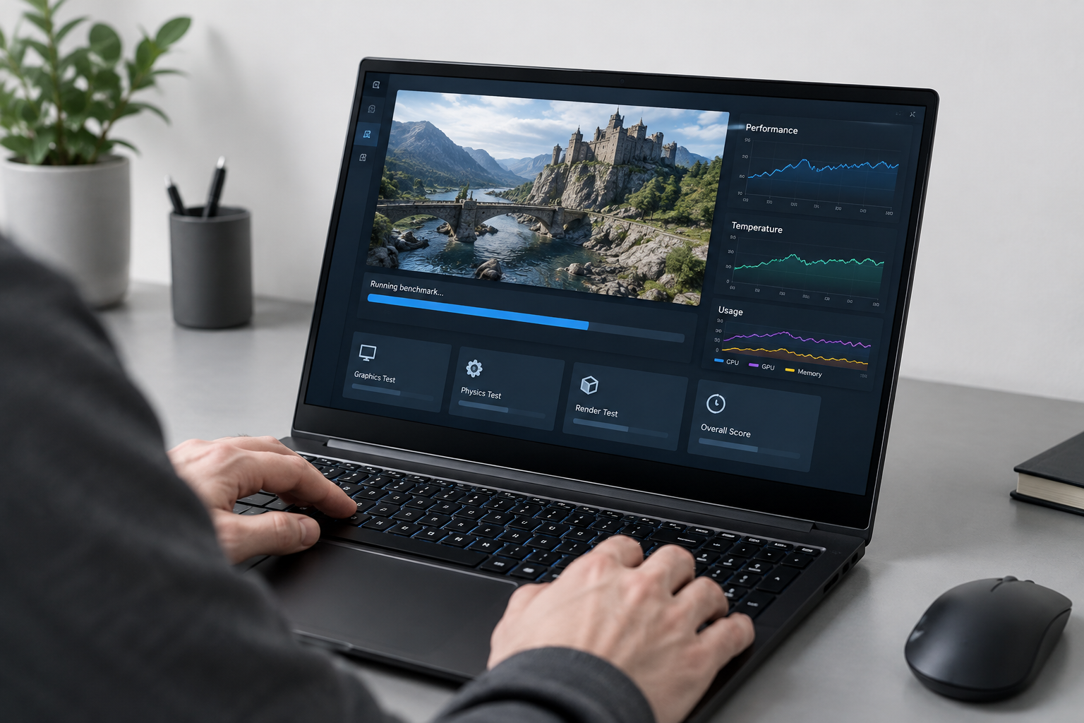 Person using a laptop with an illustrative performance dashboard on screen.