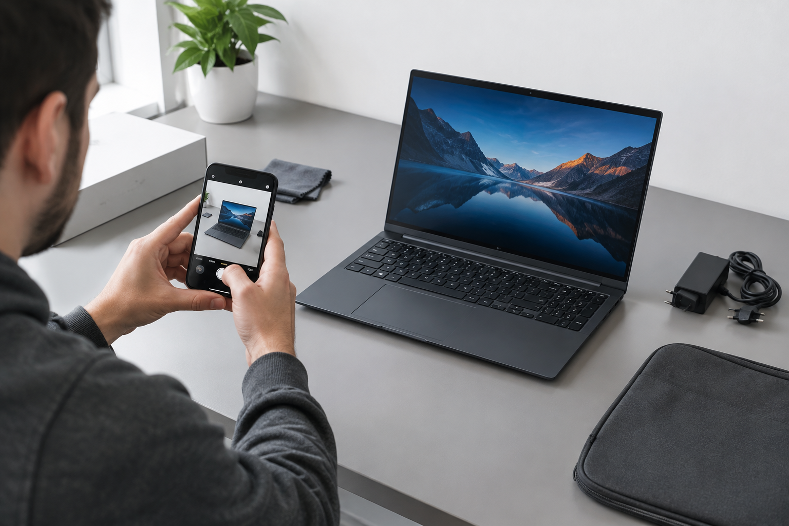 Person photographing an open laptop beside a charger and laptop sleeve.