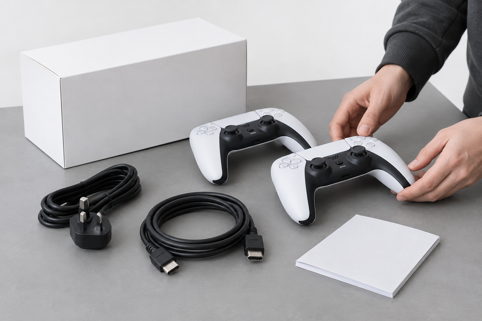 Controllers and cables neatly arranged on a grey desk with a clean white background.